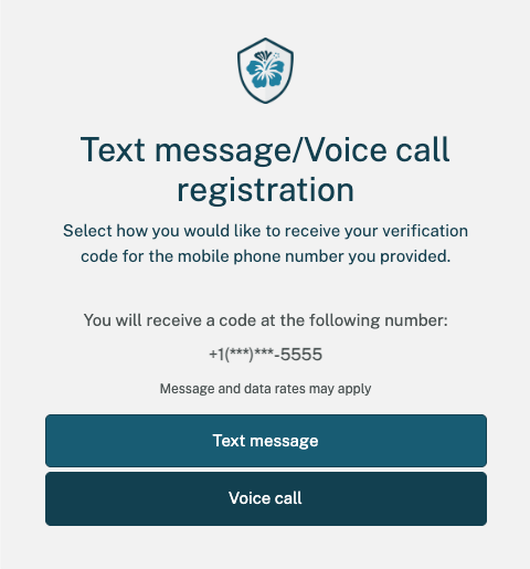 Multi-factor authentication registration screen for text message/voice call where a user with a valid mobile number chooses their preferred verification method, with options for text message or voice call, with text message selected