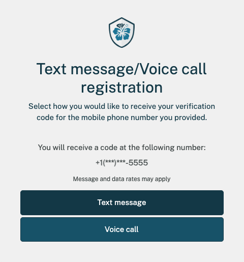 Multi-factor authentication registration screen for text message/voice call where a user with a valid mobile number chooses their preferred verification method, with options for text message or voice call, and voice call selected