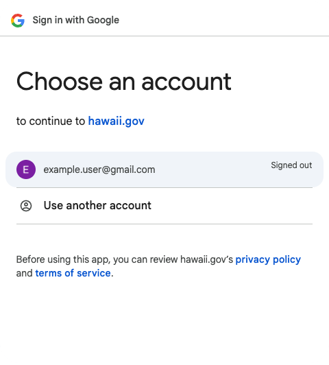 Google sign-in screen prompting the user to choose an account to continue to hawaii.gov, with options to select a previously used account or use another account