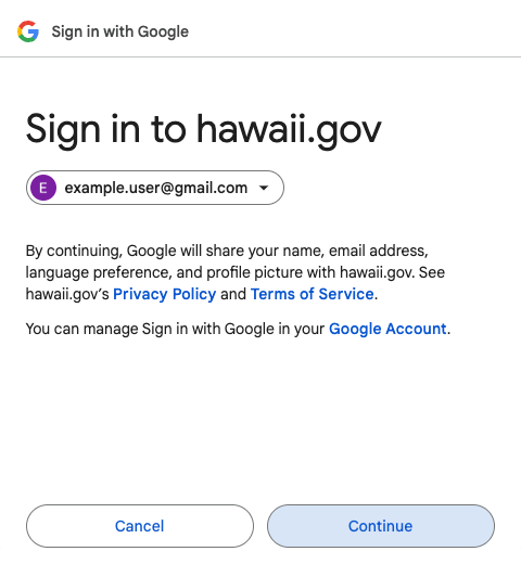 Google sign-in screen prompting the user to continue signing in to hawaii.gov, displaying the selected account and information about data sharing, with options to cancel or continue