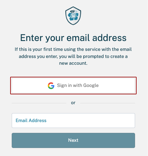 Initial myHawaii sign-in screen where the user has selected 'Sign in with Google,' with an option to enter an email address and a next button