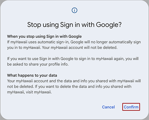 Google account 'Stop using Sign in with Google' confirmation page displaying details about the impact of stopping Google sign-in, with 'Confirm' selected