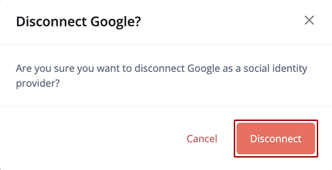 myHawaii user account management page displaying a confirmation prompt to disconnect Google as a social identity provider, with options to cancel or confirm by clicking the red 'Disconnect' button
