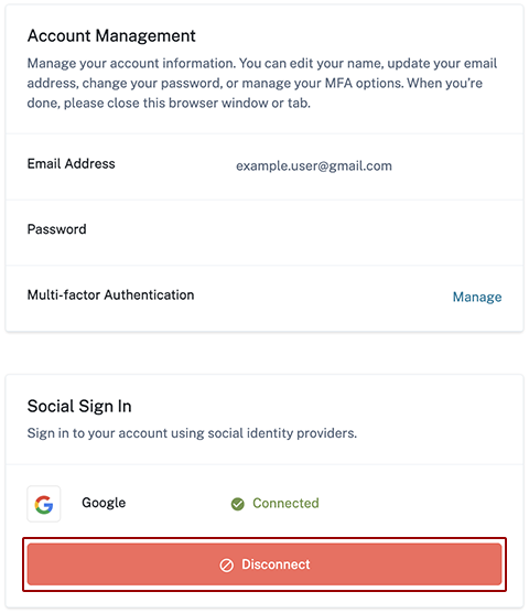 myHawaii user account management page displaying account settings with Google social sign in enabled and a red 'Disconnect' button available to remove the connection