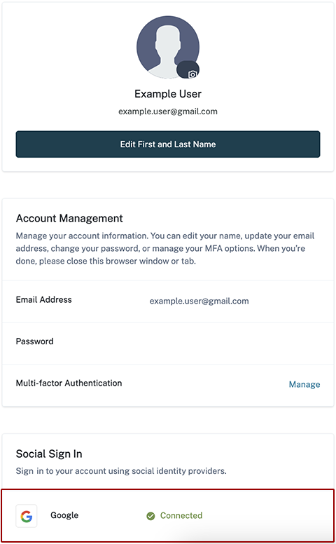 myHawaii user account management page displaying profile information, account management options, and Google social sign-in enabled with a connected status